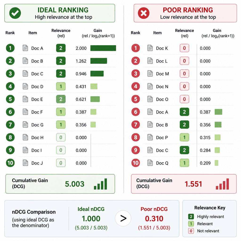 A comparison diagram showing two ranked lists for nDCG : one ideal with high relevance at the top, and one poor with low relevance at the top, highlighting the difference in cumulative gain.