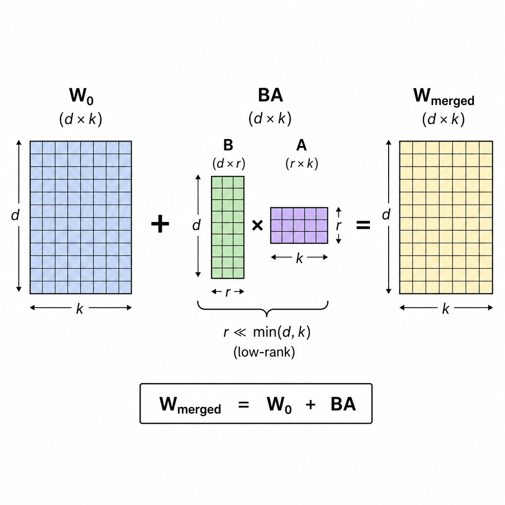 A schematic flowchart showing the algebraic addition of matrices W0 and BA to form W_merged, with clear labels for dimensions d, k, and r, rendered in a clean technical style.