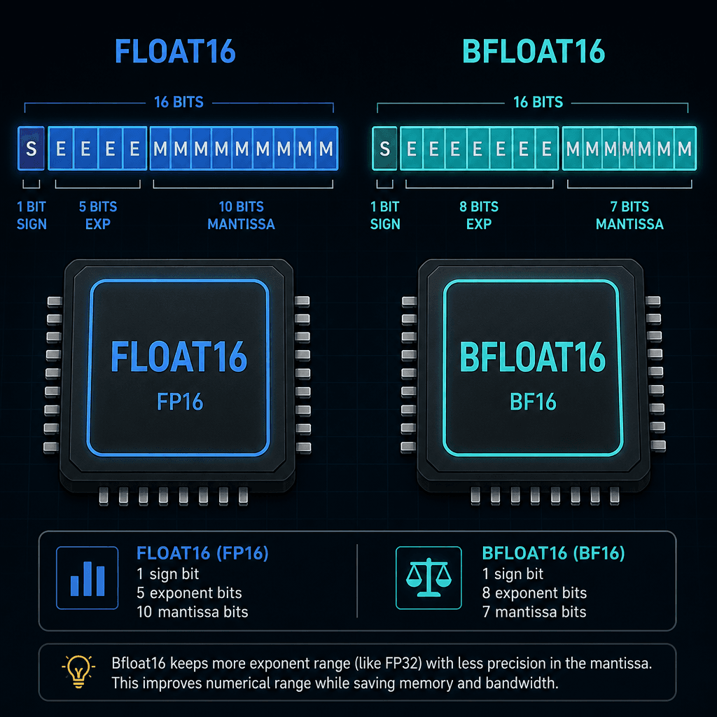 A comparison graphic showing two GPU memory chips. One is labeled 'Float16' with a medium blue fill, and the other is labeled 'Bfloat16' with a cyan fill, highlighting the bit distribution differences in a simplified bit-field visualization.