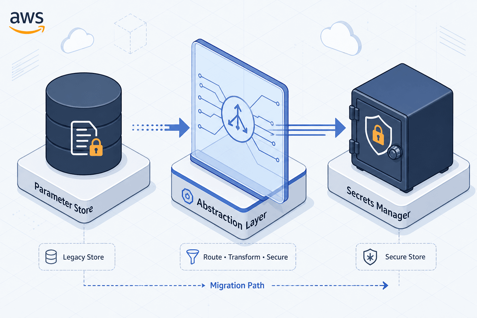Diagram comparing AWS Systems Manager Parameter Store and Secrets Manager architectures.