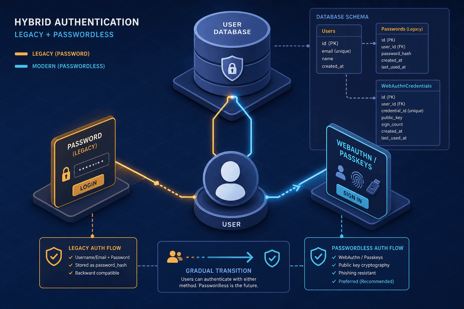 Diagram illustrating the transition from password-based to passwordless authentication for an existing user base.