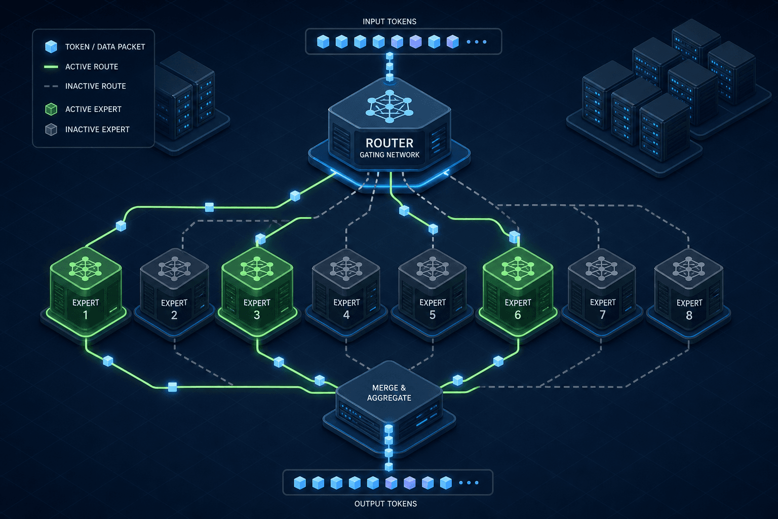 Diagram illustrating Mixture-of-Experts architecture with sparse activation and routing.