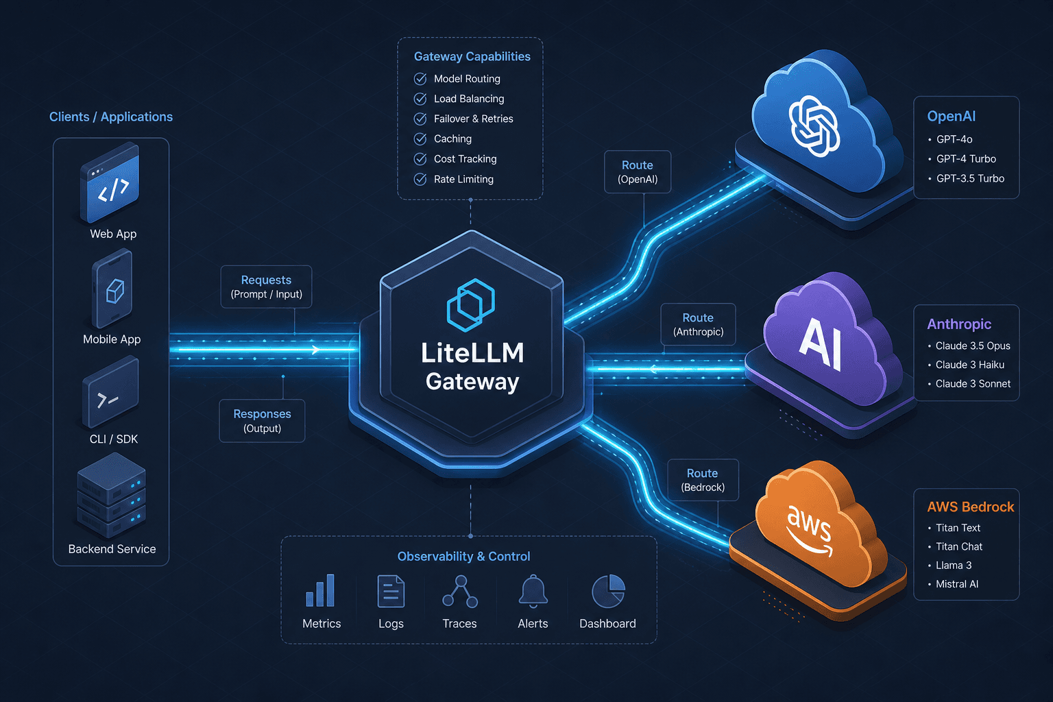 Diagram illustrating a model gateway routing traffic across multiple LLM providers like OpenAI, Anthropic, and AWS Bedrock.