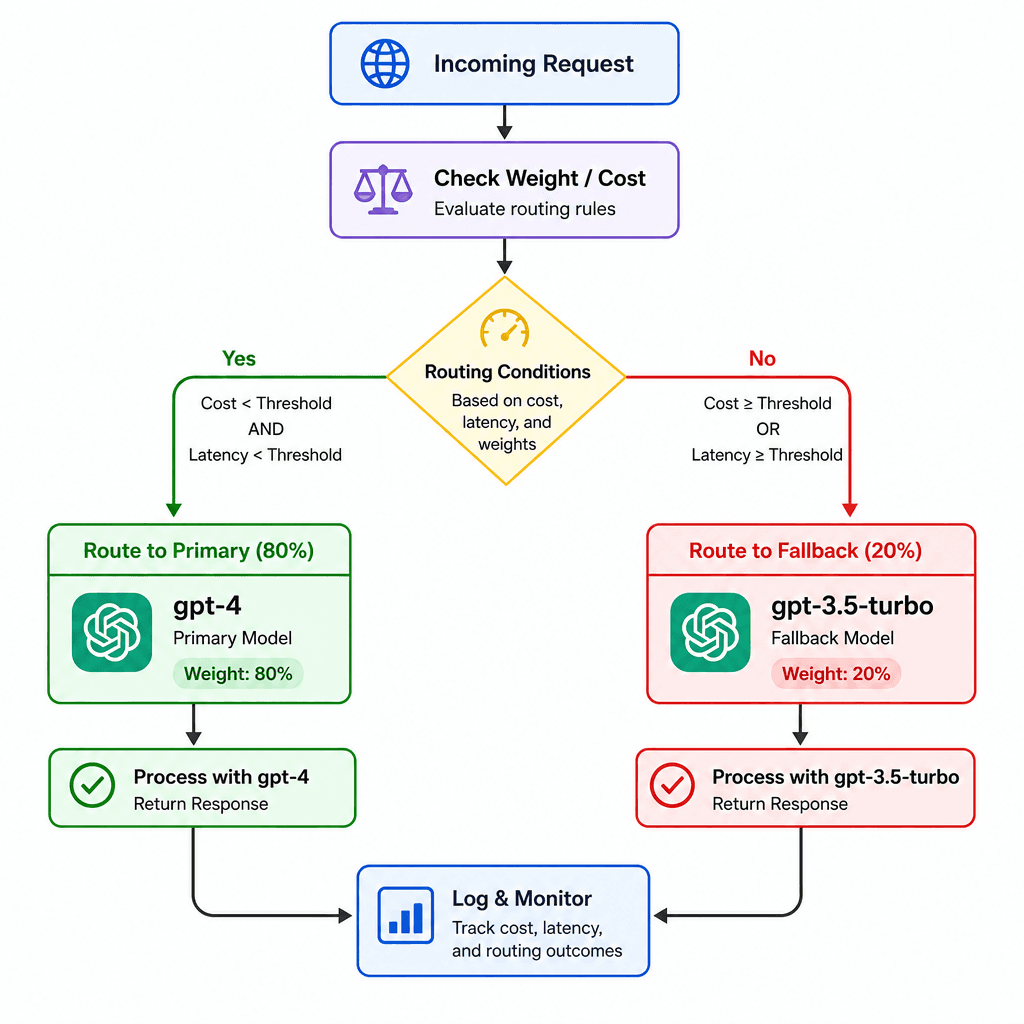 A flowchart showing weighted routing logic where traffic is split between a primary model and a fallback model based on cost and latency.