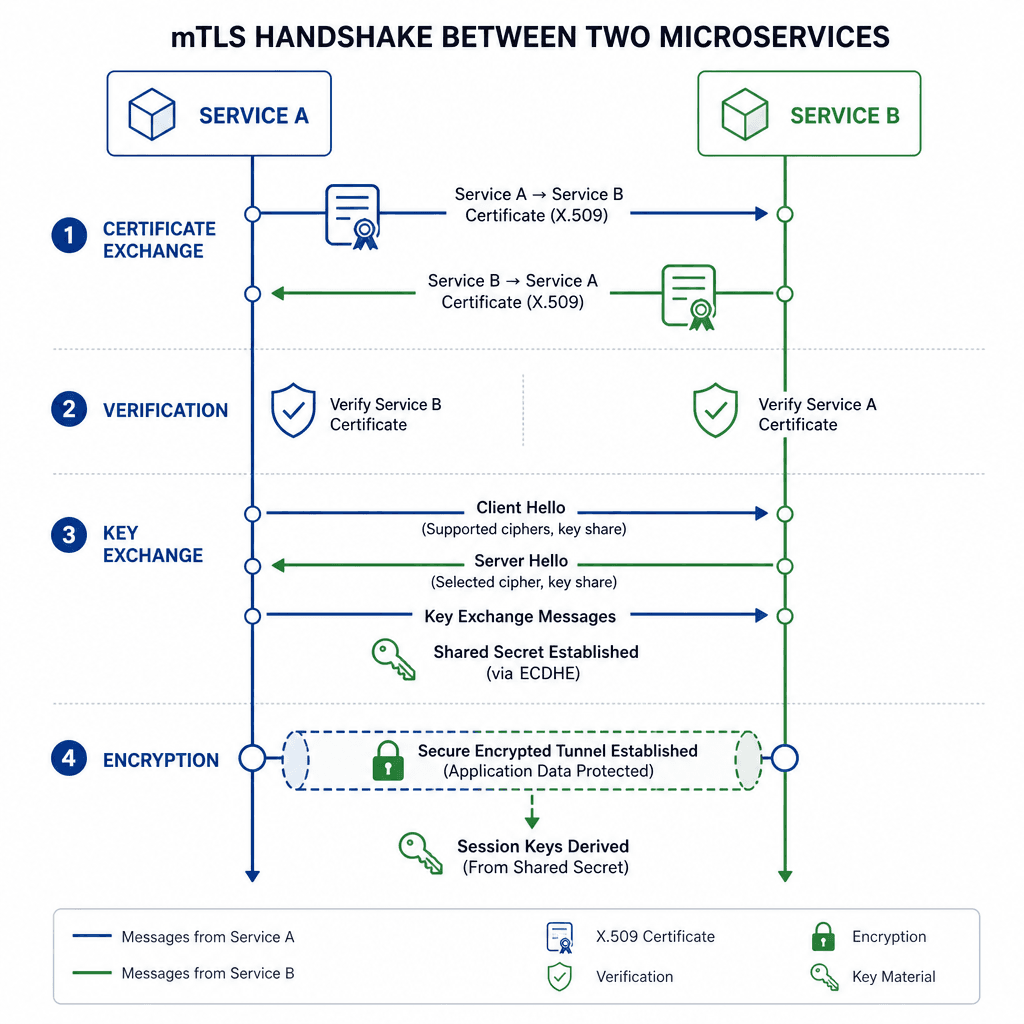 Technical diagram illustrating the mTLS handshake process between two microservices. Show Service A and Service B exchanging X.509 certificates, establishing a secure tunnel, and deriving a session key. Use a clean, architectural style with blue and green color palette for enc…