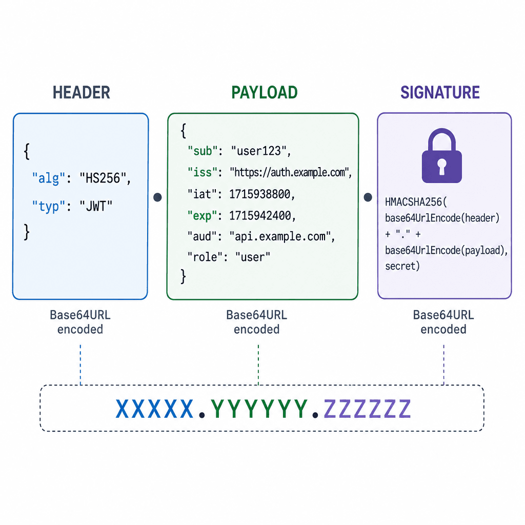 Technical diagram showing the structure of a JWT token. Three sections : Header, Payload, and Signature. Highlight standard claims like sub, iss, exp in the payload. Use a clean, modern tech illustration style with neutral colors.
