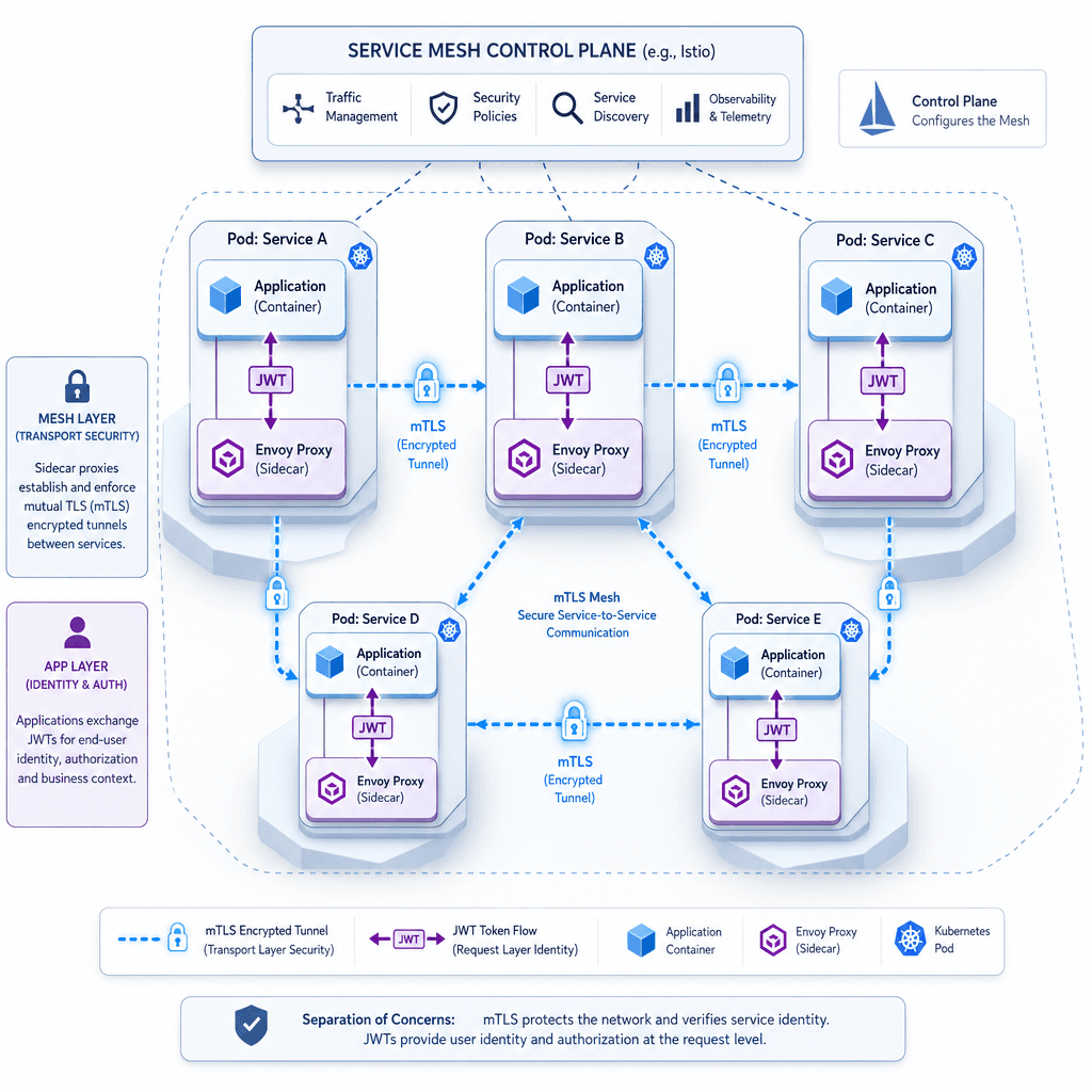 Architectural diagram of a service mesh showing sidecar proxies enforcing mTLS between services while passing JWTs for identity. Illustrate the separation of transport security and request-level identity. Use a clean, technical illustration style.