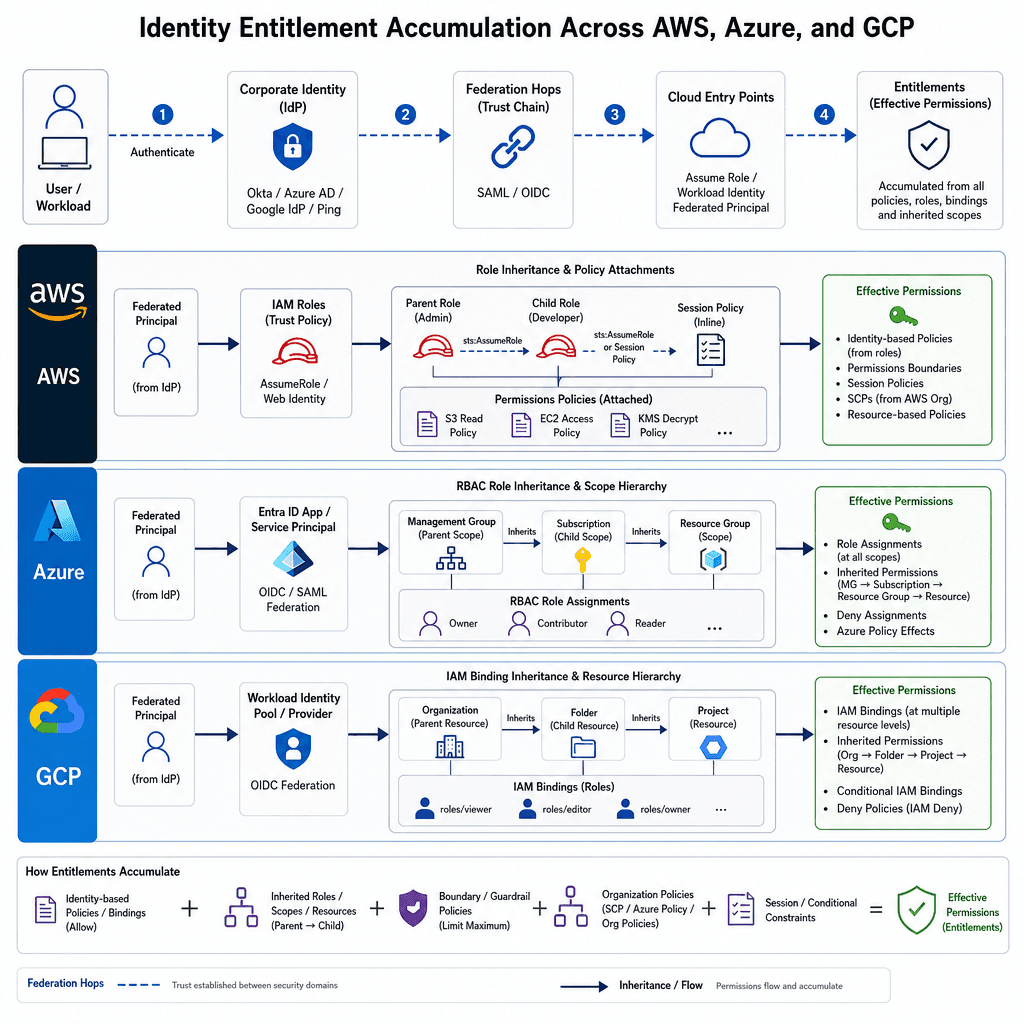 Technical architecture diagram showing identity entitlement accumulation across AWS IAM, Azure RBAC, and GCP IAM. Visualize nested policies, role inheritance, and federation hops. Style : clean vector illustration, blue and grey palette, clear labels for each cloud provider.