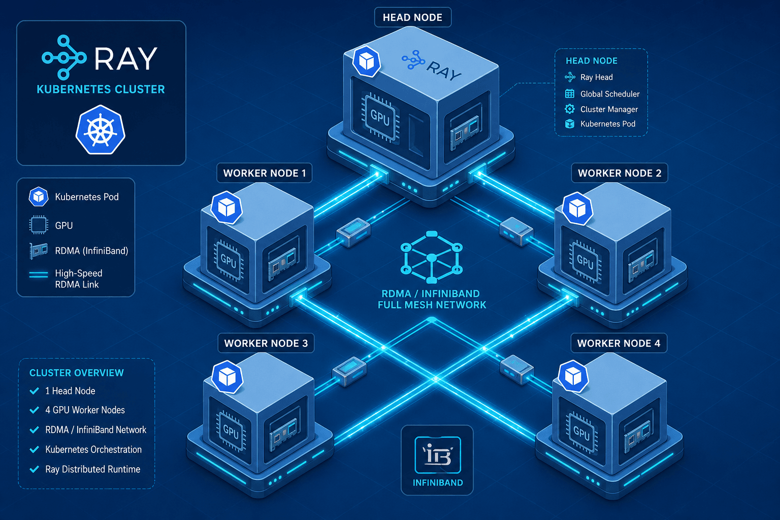 Diagram showing multi-node Ray cluster deployment on Kubernetes with RDMA networking.