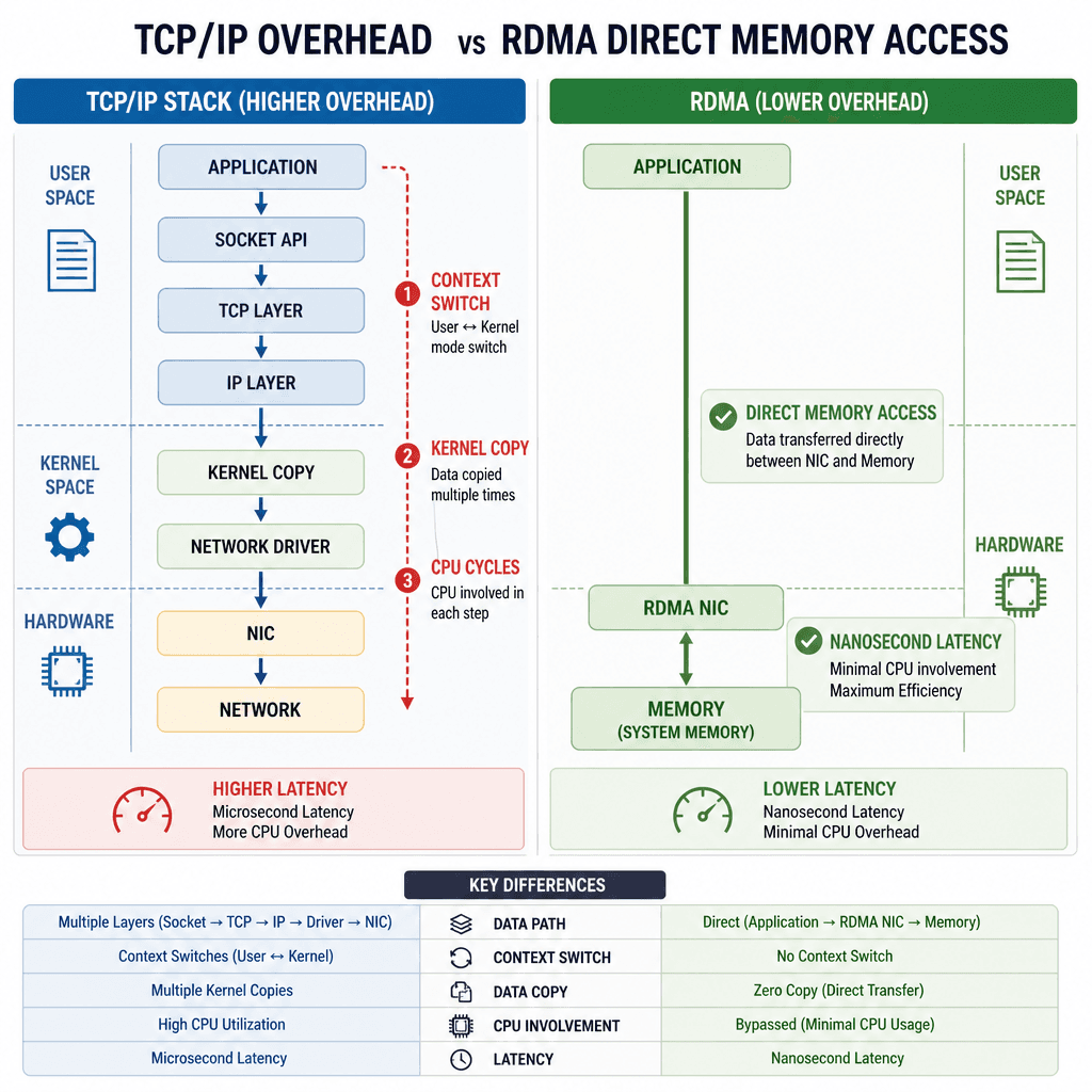 Technical comparison diagram showing TCP/IP stack overhead versus RDMA direct memory access, highlighting reduced latency and CPU bypass.