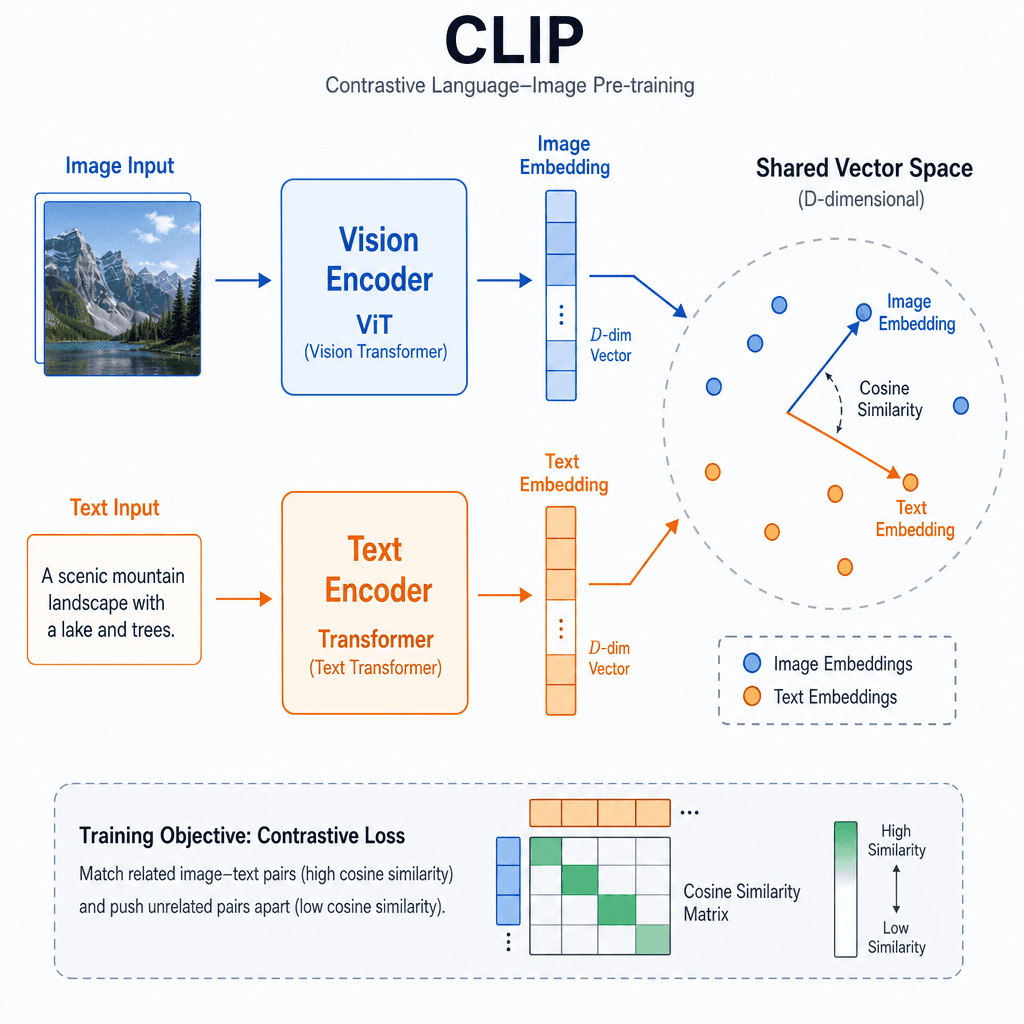 Technical diagram illustrating the dual-encoder architecture of CLIP, showing a Vision Transformer and Text Transformer mapping to a shared vector space. Clean, minimalist style with blue and orange color palette for contrast.