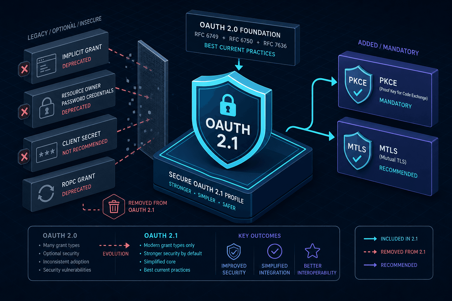 Diagram illustrating the consolidation of OAuth 2.0 features into the secure OAuth 2.1 profile.