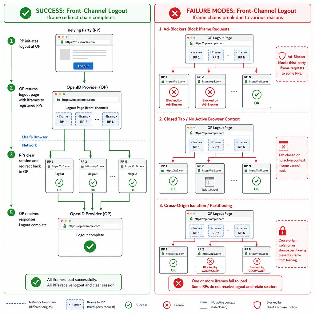 Technical diagram comparing front-channel logout failure modes. Left side shows successful iframe redirect, right side shows broken chains due to ad-blockers, closed tabs, and cross-origin isolation. Style : clean architecture sketch, blue and red color palette, white background.