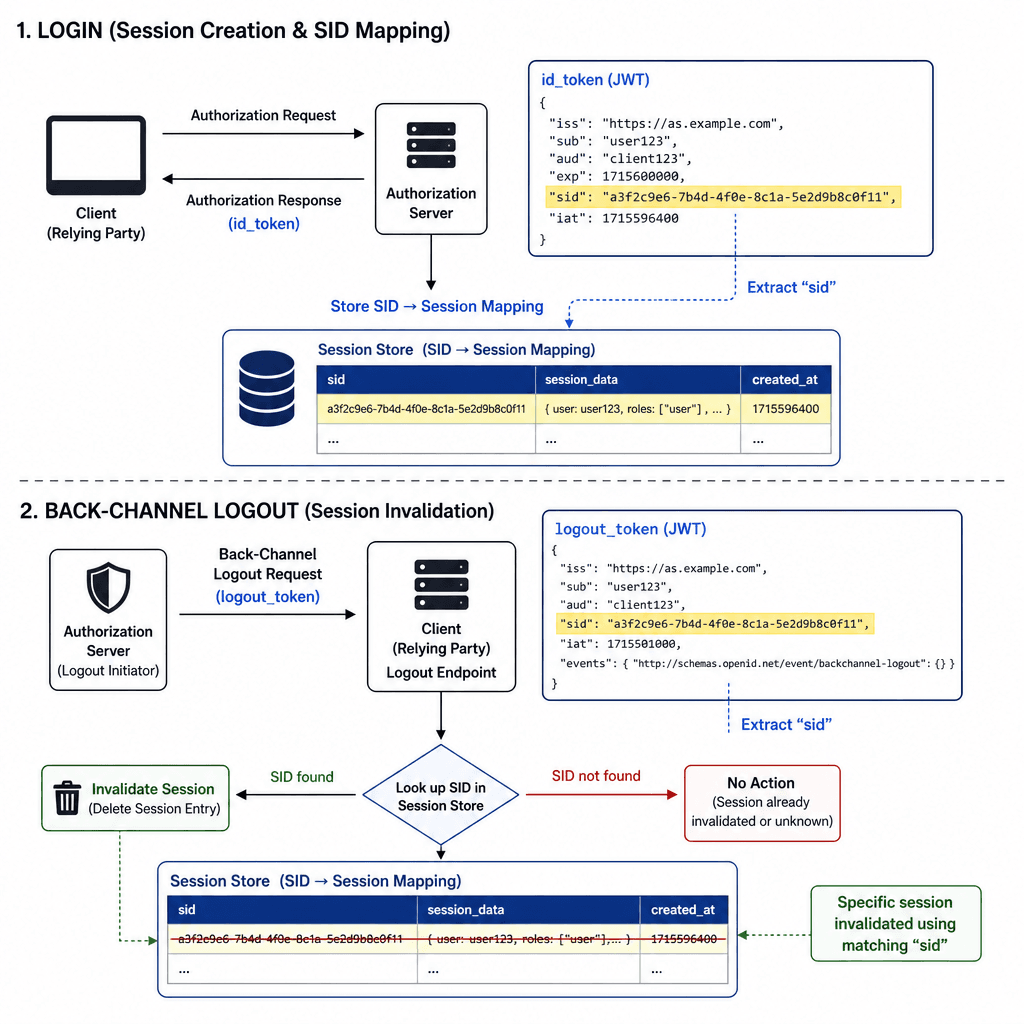 Conceptual diagram showing the sid mapping process. Top section shows initial login with id_token containing sid. Bottom section shows back-channel logout request with logout_token containing same sid, leading to session invalidation. Style : technical flowchart, minimal lines…