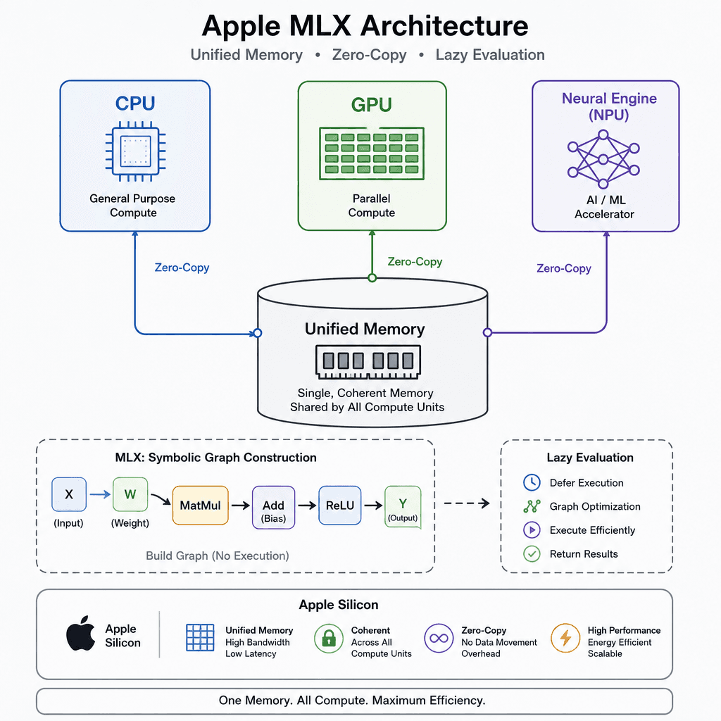 A schematic diagram showing a CPU, GPU, and NPU connected to a unified memory block, illustrating Apple MLX's symbolic graph construction and zero-copy architecture.
