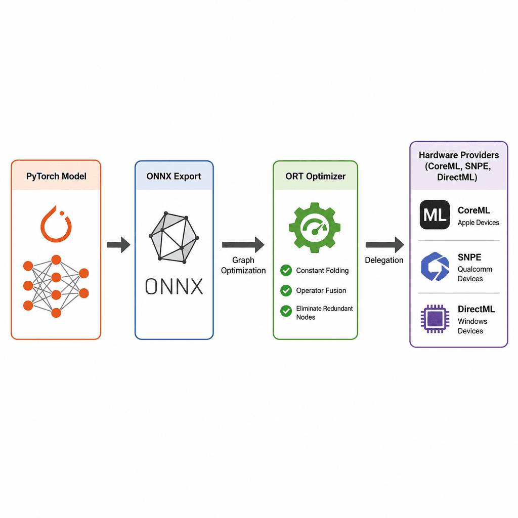 A flowchart showing a model being converted to ONNX format, then passing through an optimization layer, and finally delegating to different hardware providers like CoreML and SNPE.