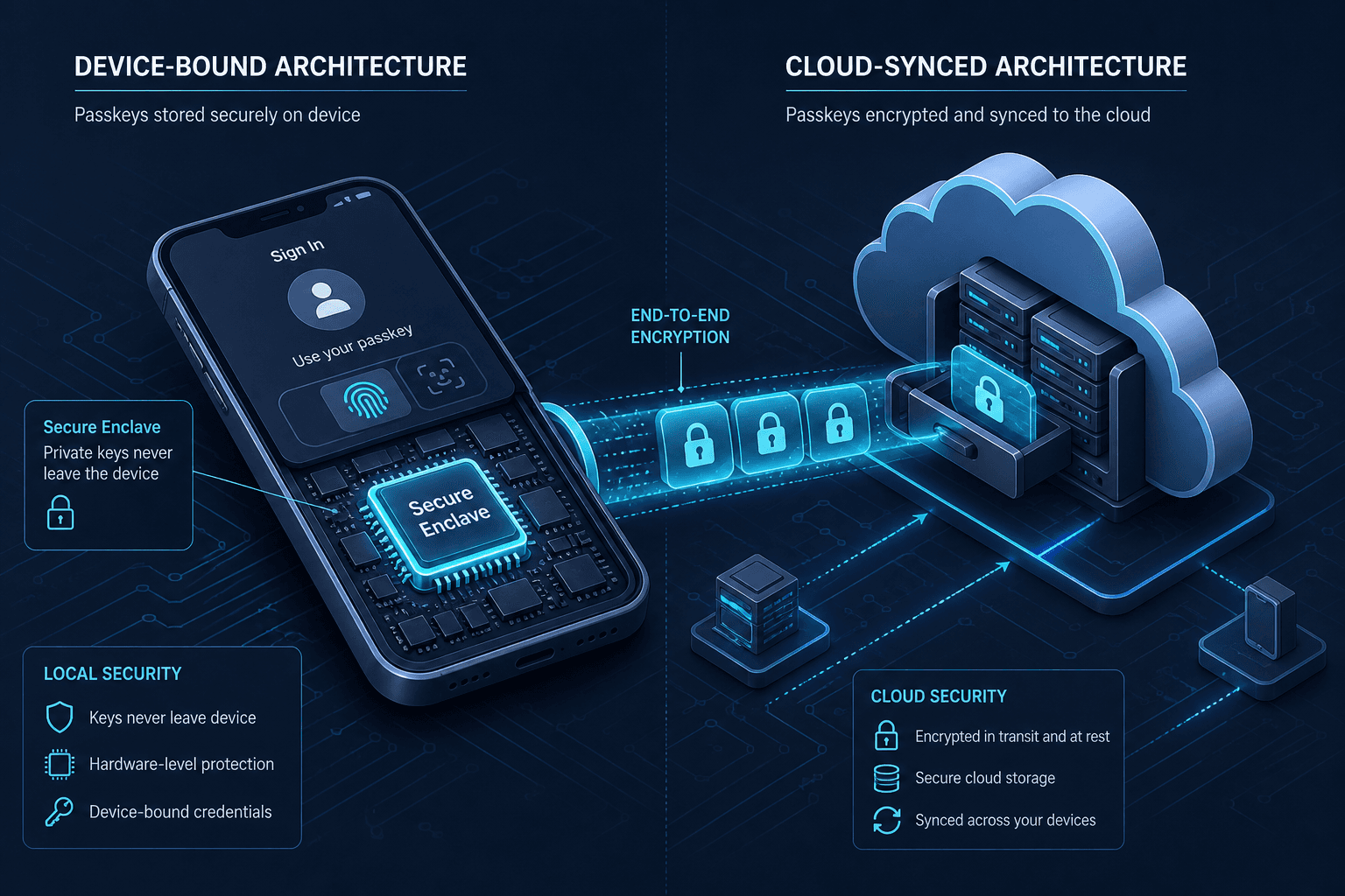 Diagram illustrating the difference between device-bound and cloud-synced passkey architectures.