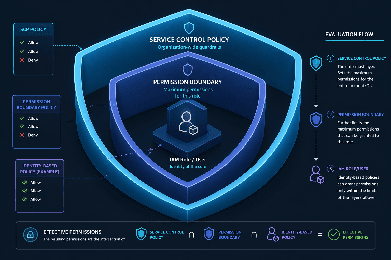 Diagram illustrating the layered security model of AWS IAM Permission Boundaries and Service Control Policies.