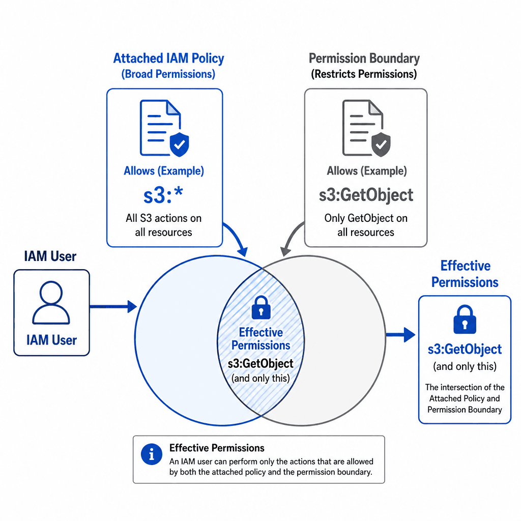 A clean, technical architectural diagram illustrating AWS IAM permission boundaries. The image should show an IAM User entity connected to an Attached Policy (showing broad permissions like s3 : *). This path intersects with a Permission Boundary layer (showing restricted perm…