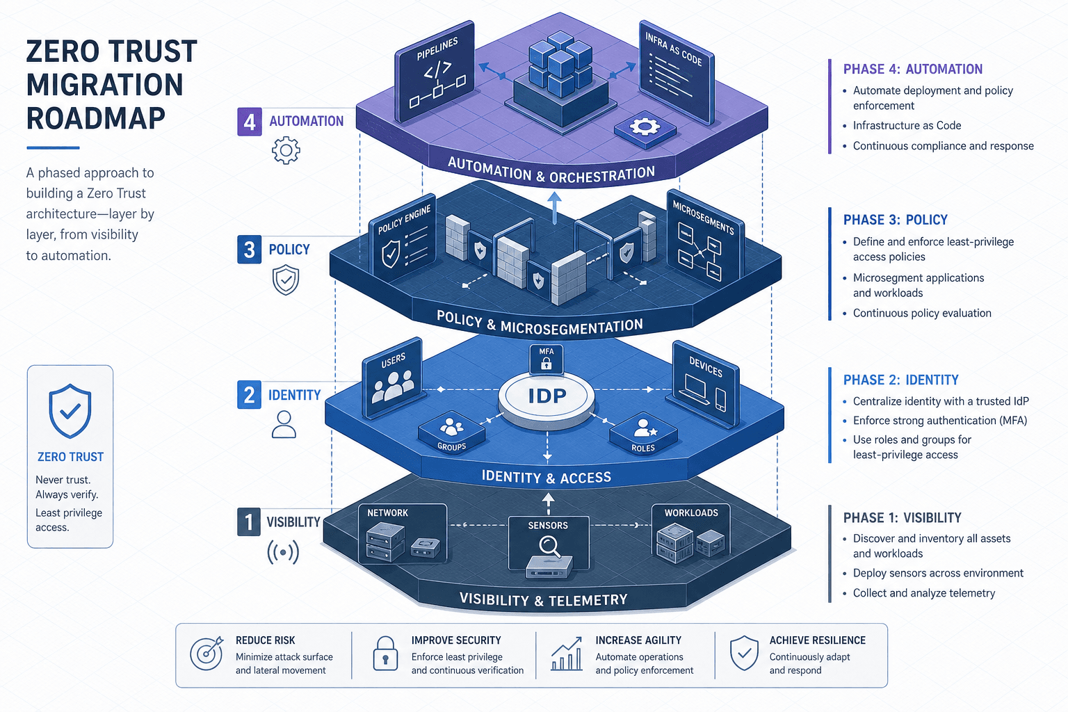 Diagram illustrating the four phases of a Zero Trust rollout: Visibility, Identity, Policy, and Automation.