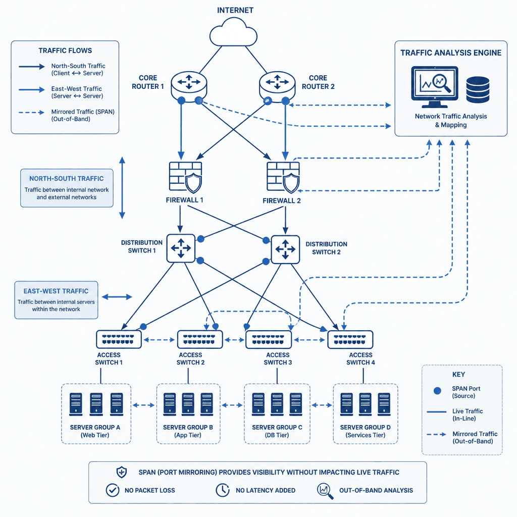 Technical diagram showing network traffic analysis sensors mirroring SPAN ports. Visualizes north-south and east-west traffic flows being mapped without blocking. Style : Clean, architectural blueprint, blue and white palette, high contrast.