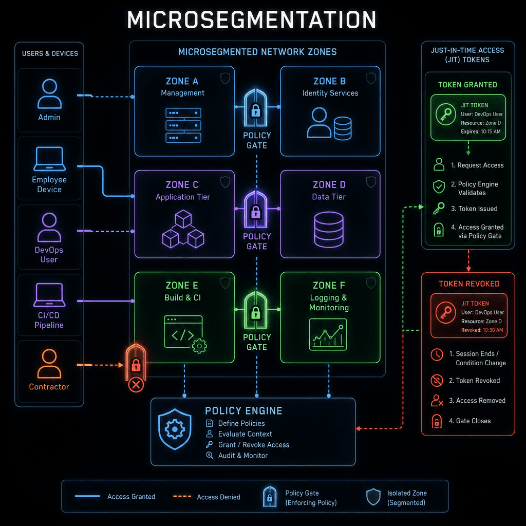 Conceptual diagram of network microsegmentation. Shows isolated network zones with dynamic policy gates. Visualizes JIT access tokens being granted and revoked. Style : Modern tech illustration, dark mode background, neon accents, clear flow lines.
