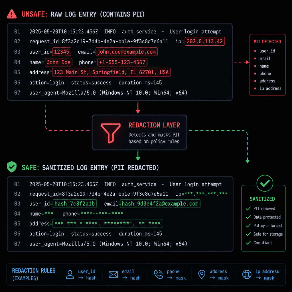 Diagram contrasting safe vs unsafe log entries, showing a raw log line with highlighted PII being filtered through a redaction layer to produce a sanitized log line with masked values.