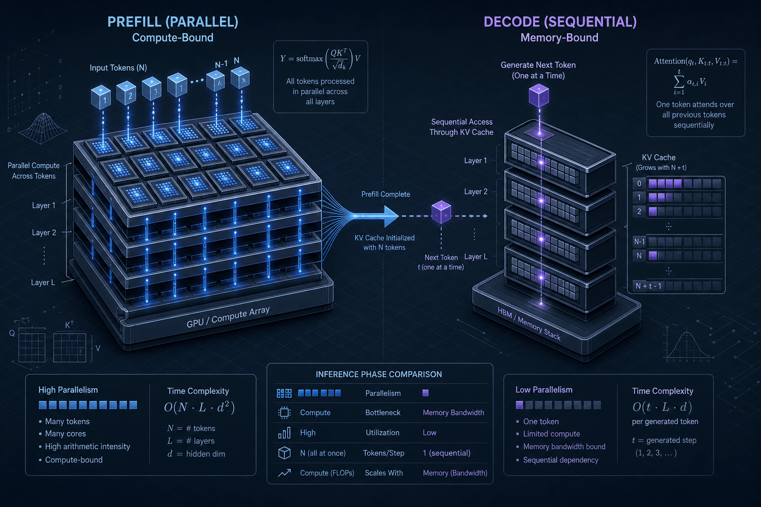 Diagram contrasting the parallel compute nature of prefill with the sequential memory-bound nature of decode in LLM inference.