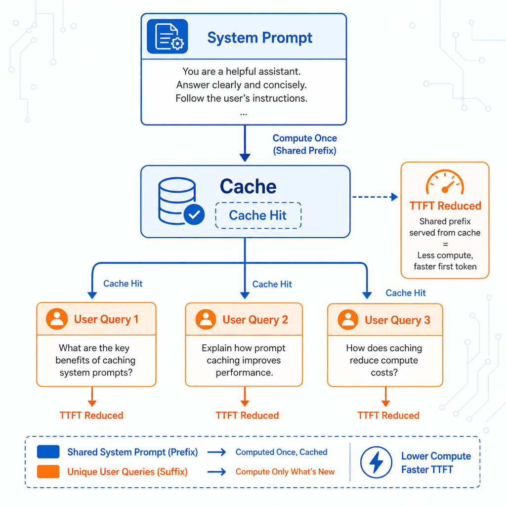 Concept diagram showing a single system prompt being cached and reused by multiple distinct user queries, highlighting the reduction in compute for the shared prefix. Technical style, clean lines, blue and orange color palette.