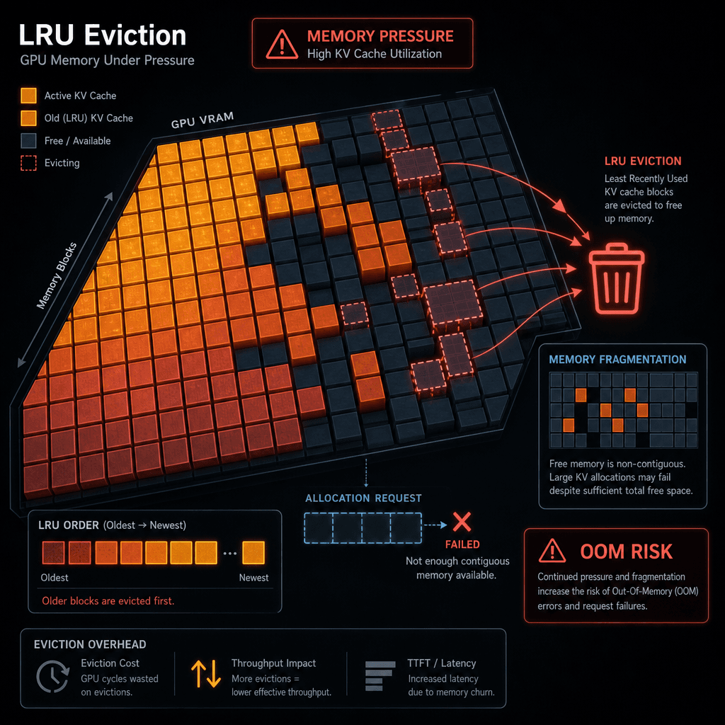 Technical illustration of GPU memory usage showing KV cache entries being evicted due to LRU policy. Visual representation of memory fragmentation and eviction overhead. Dark background with bright memory block highlights.