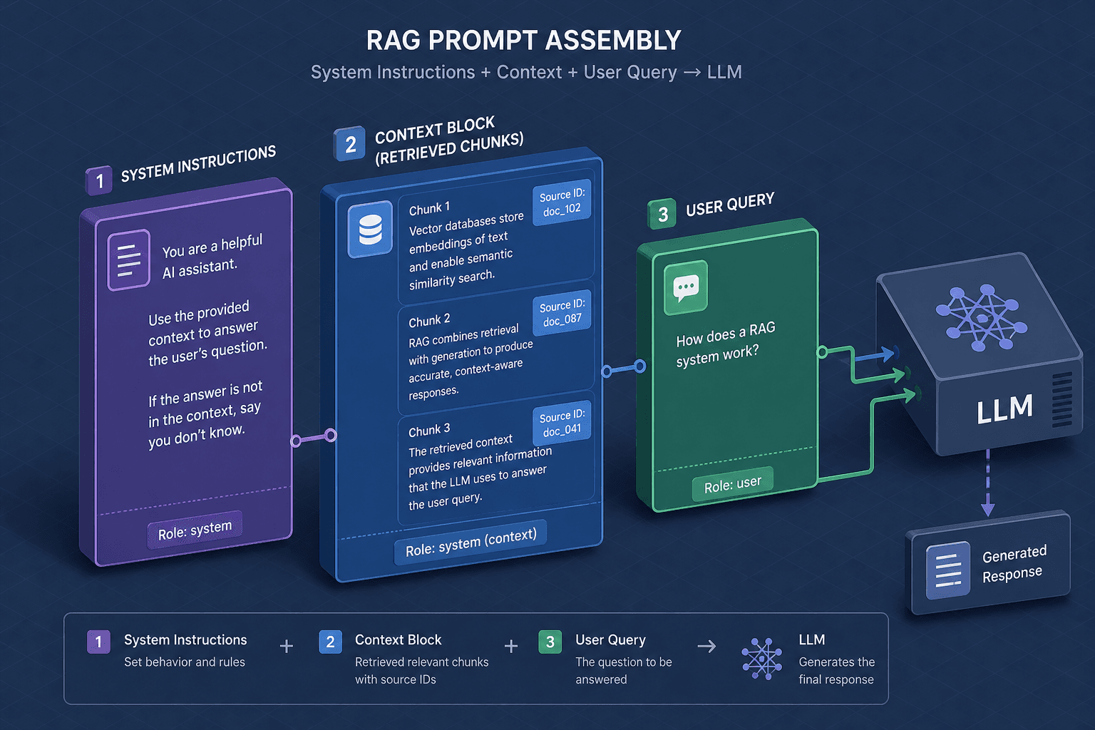 Diagram showing the structure of a RAG prompt with system instructions, context blocks, and user query.