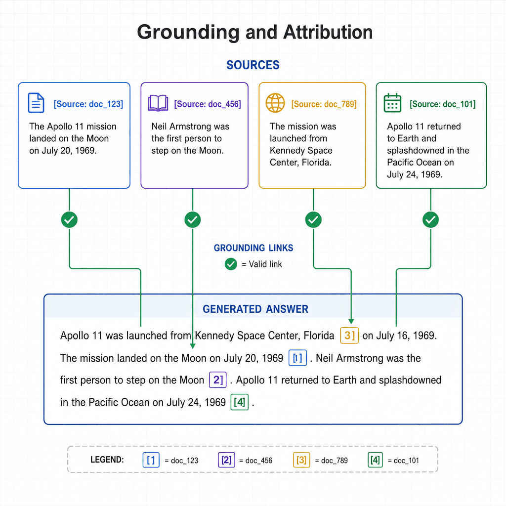 Technical diagram showing grounding and attribution, with source IDs linked to specific claims in a generated answer, using a clean schematic style