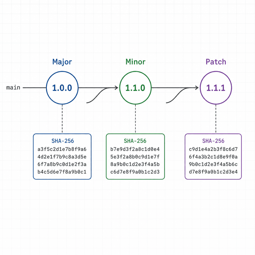 Close-up schematic of a version control timeline for prompts, showing major, minor, and patch versions branching out, with a hash code displayed next to each node, flat technical illustration