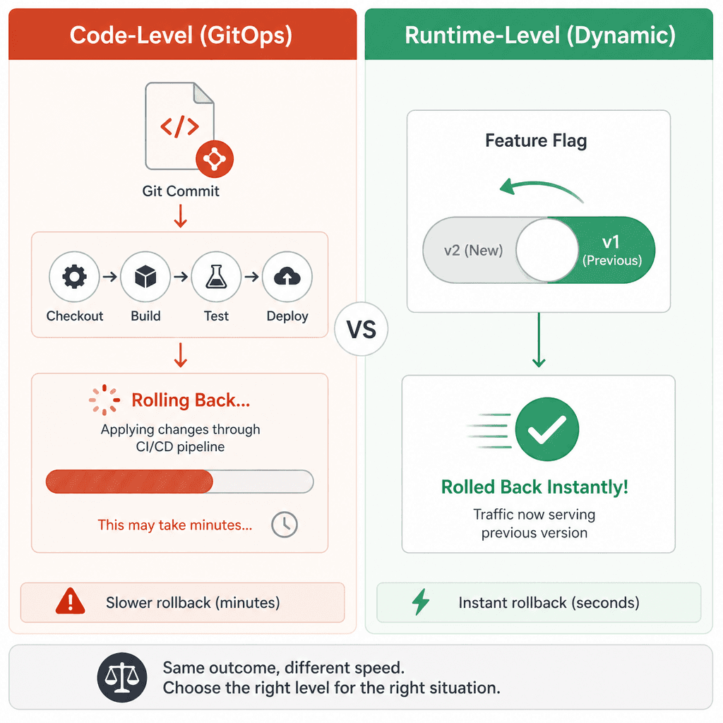 Split screen comparison diagram : left side shows a slow Git commit and build pipeline for code-level rollback, right side shows an instant switch of a feature flag for runtime rollback, flat illustration