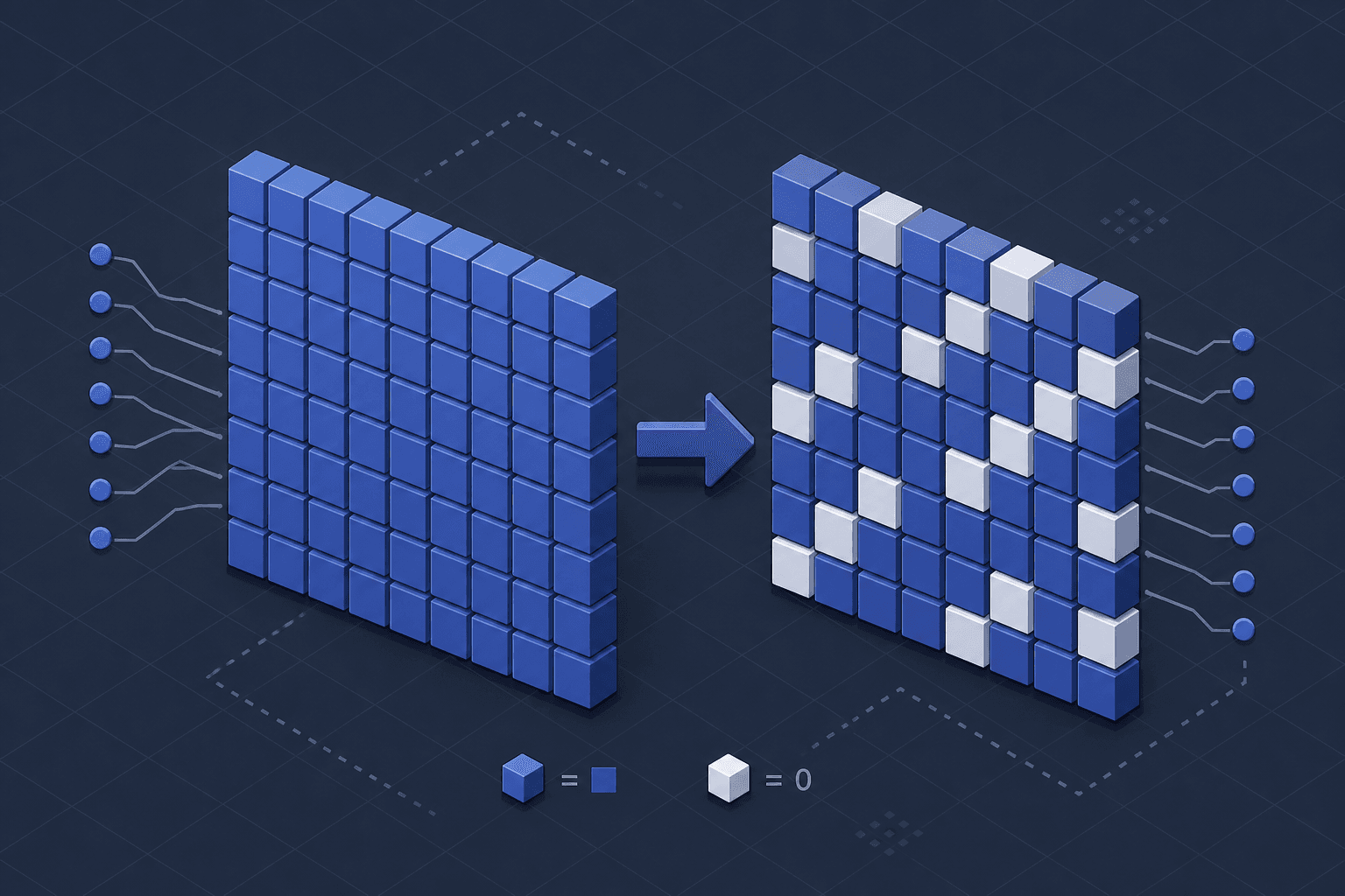 Diagram illustrating structured pruning and 2:4 sparsity patterns in neural network weights.