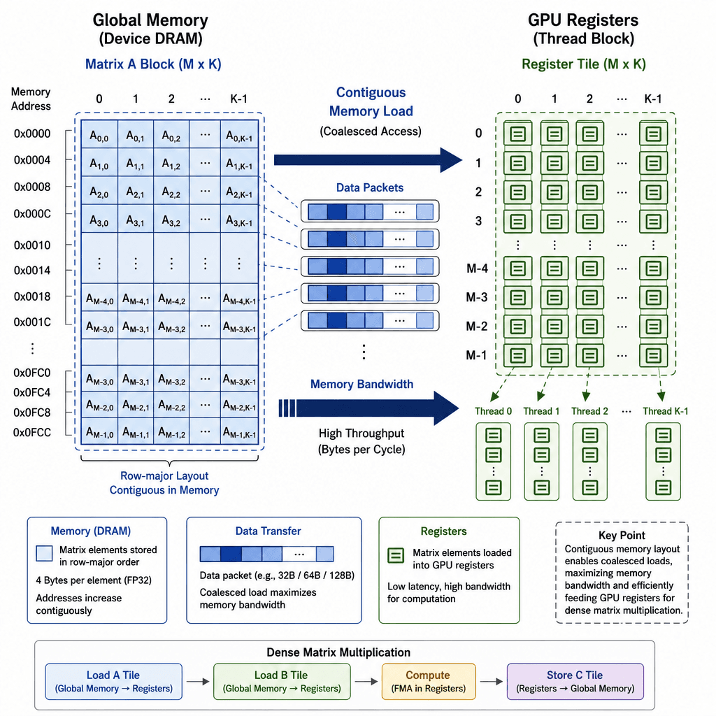 Schematic diagram of a dense matrix multiplication operation showing contiguous memory blocks being loaded into GPU registers, labeled with memory bandwidth arrows.