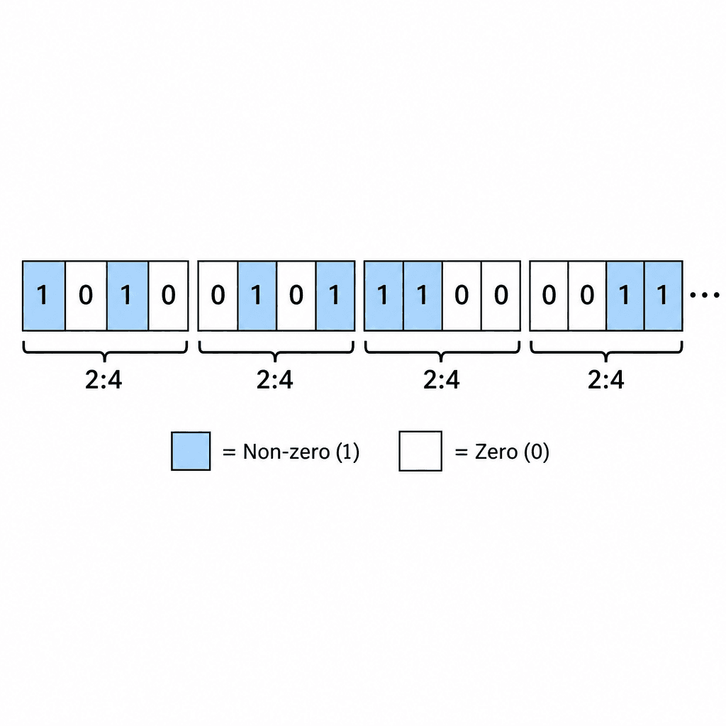Close-up schematic of the 2 : 4 sparsity pattern, showing groups of four weights with exactly two zeros and two non-zeros, highlighted with color.