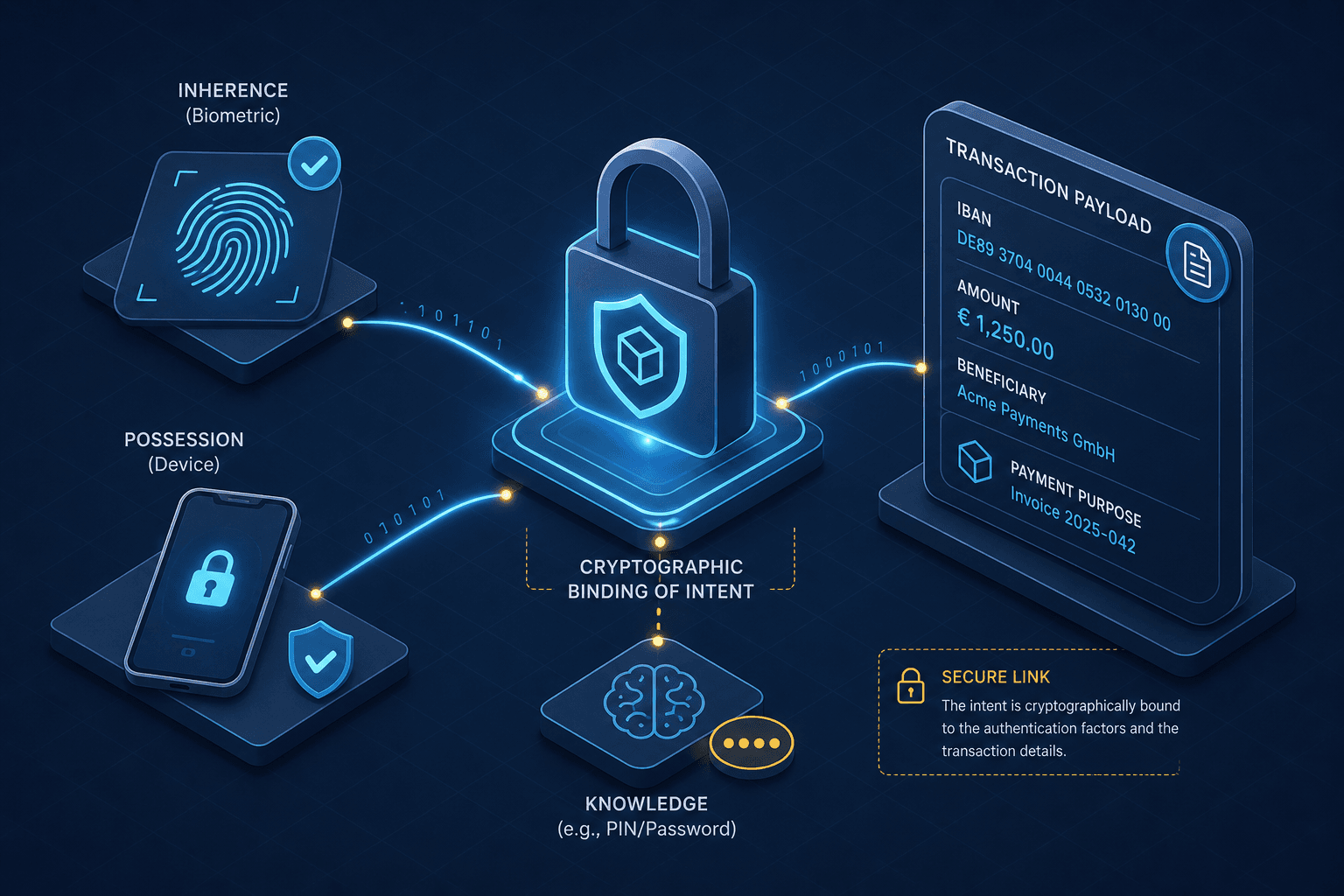 Diagram illustrating the cryptographic binding of intent in PSD2 Strong Customer Authentication.