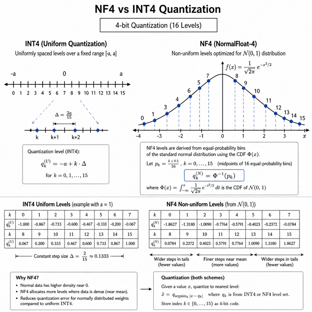 A detailed technical diagram of the NF4 quantization process, showing a normal distribution curve with 16 discrete quantization levels mapped to it, contrasting with uniform INT4 levels.