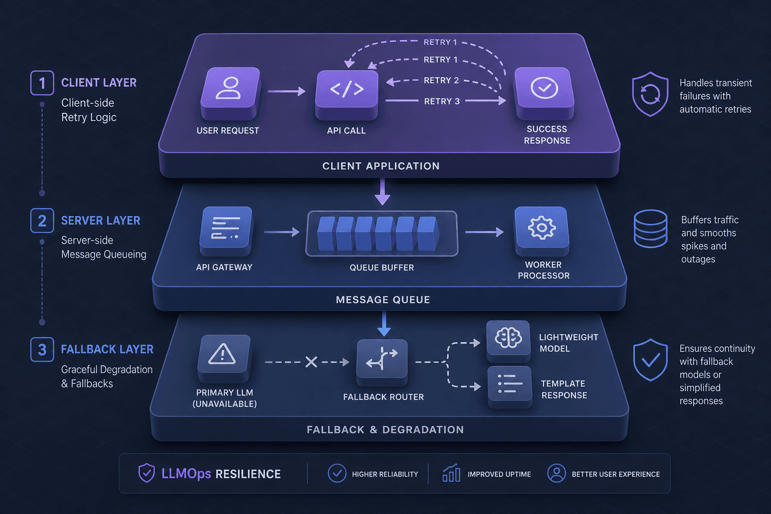 Diagram illustrating the three layers of LLMOps resilience: client-side retry, server-side queueing, and graceful degradation.
