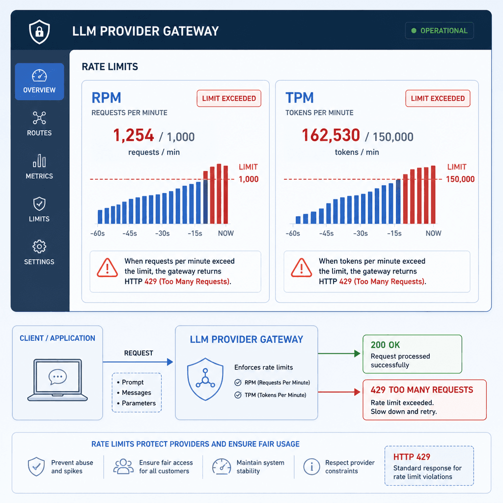 Technical diagram showing RPM and TPM metrics on an LLM provider gateway. Illustrates how request volume and token count trigger 429 responses. Clean, architectural style, blue and gray palette.