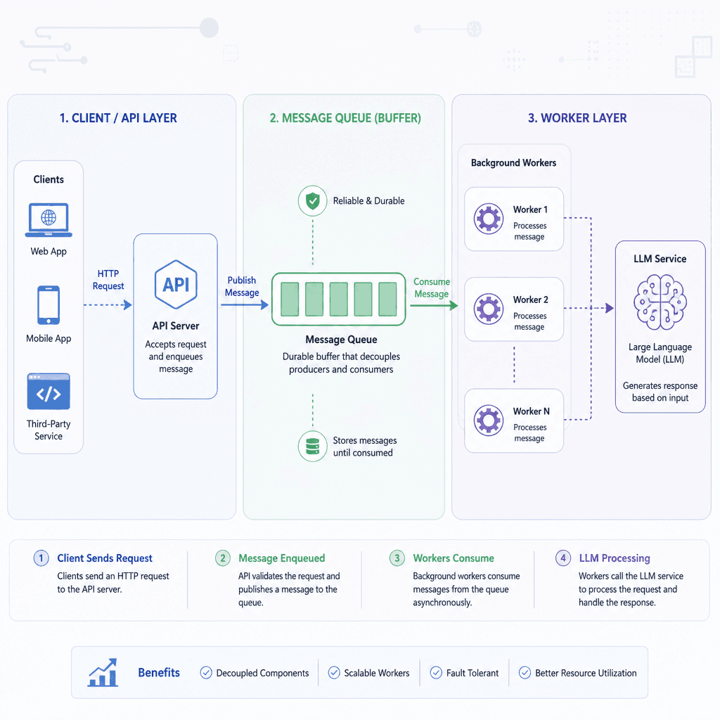 Architecture diagram showing an async message queue pattern. Clients send requests to API, which pushes to a queue. Workers consume from queue and call LLM. Clean, technical style, arrows showing data flow.