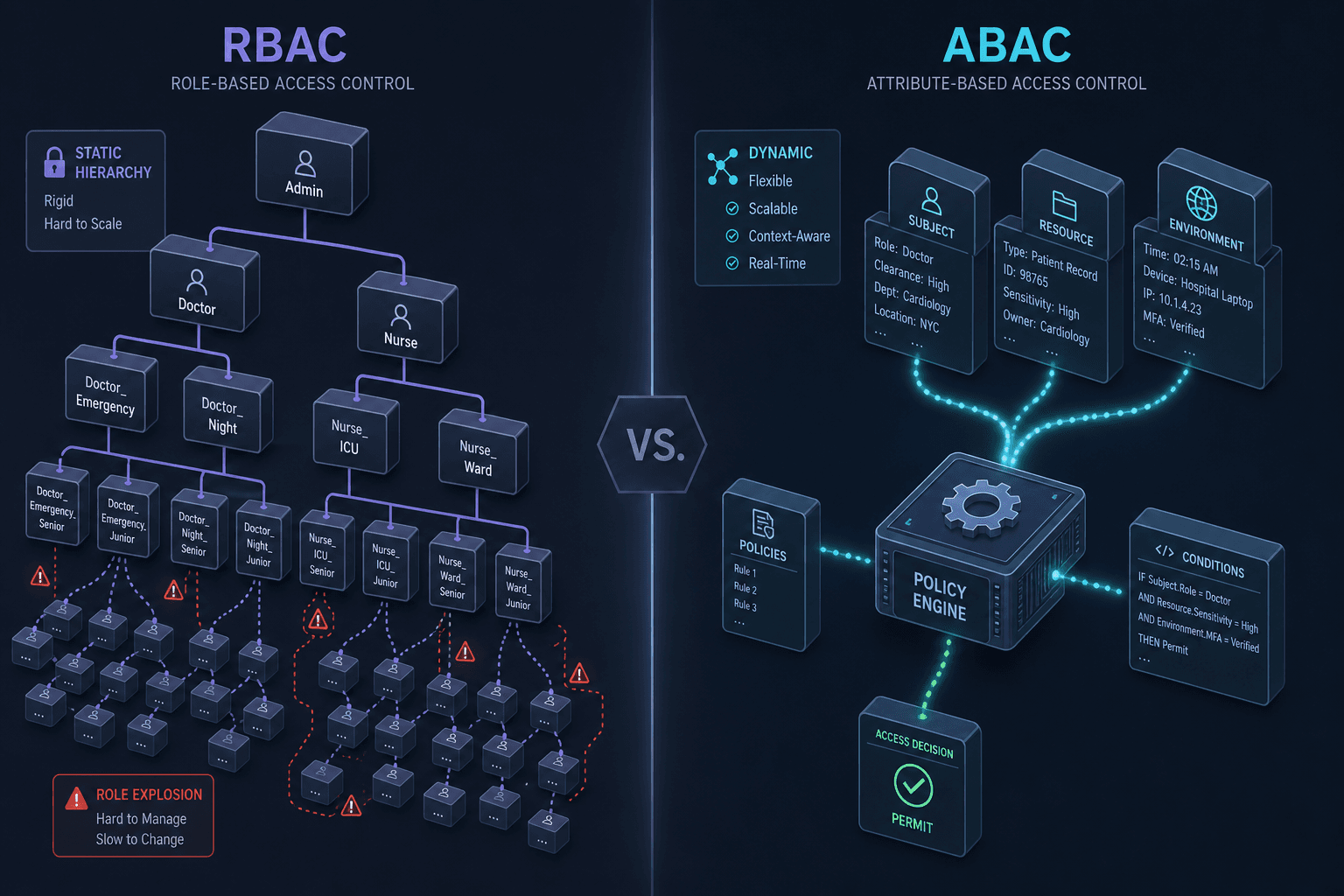 Diagram contrasting static RBAC role hierarchy with dynamic ABAC policy evaluation.