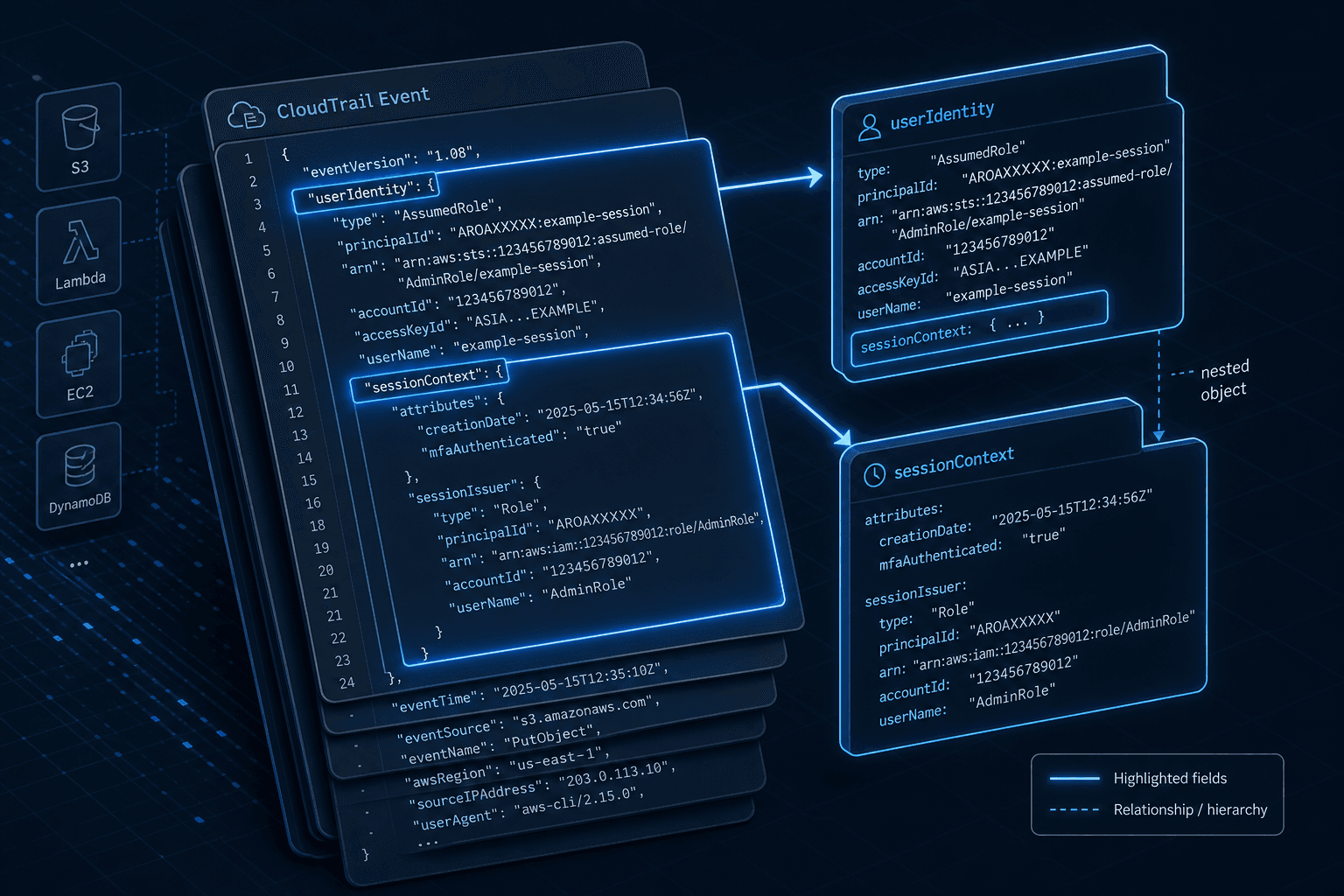 Diagram showing the structure of a CloudTrail event with UserIdentity and SessionContext fields highlighted.