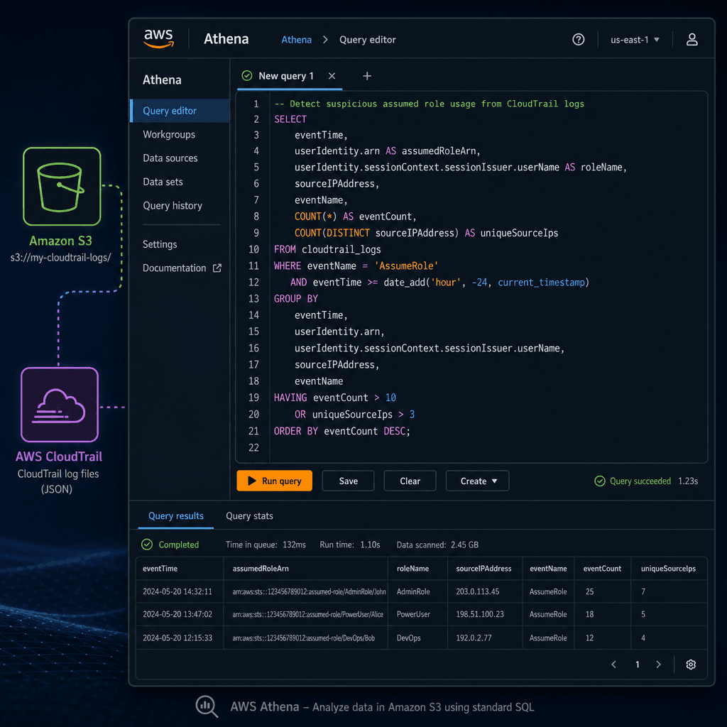 Screenshot-style illustration of an AWS Athena SQL query editor. Display the provided SQL code clearly. Background shows a simplified S3 bucket icon and CloudTrail log file icon connecting to the query. Modern UI, dark theme, clean typography.