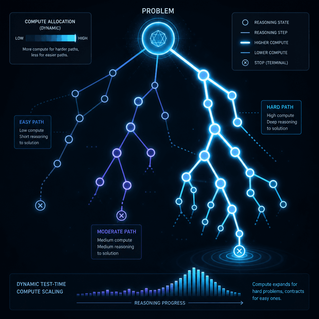 A conceptual visualization of test-time compute scaling, showing a dynamic resource allocation bar or gauge that expands for hard problems and contracts for easy ones, integrated with a tree-of-thoughts search structure.
