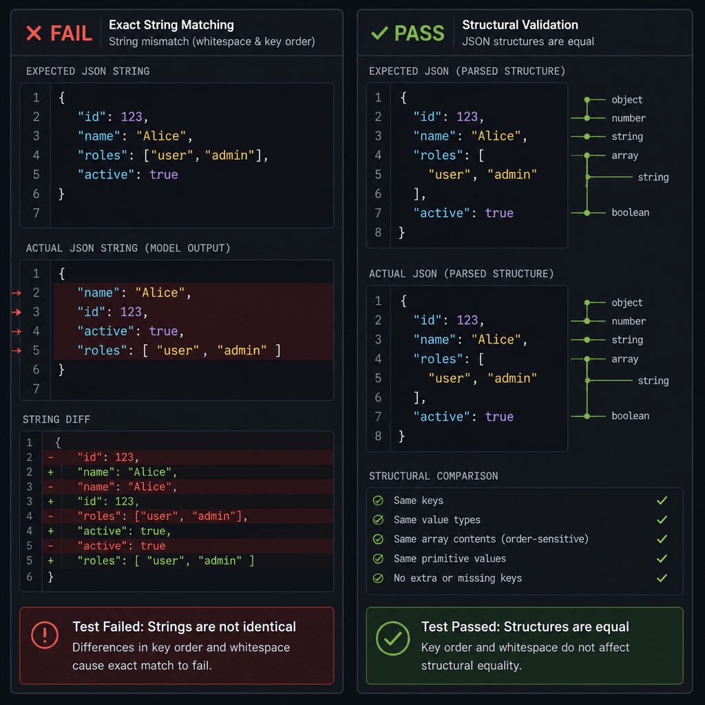 A split-screen comparison showing exact string matching failure versus structural validation success for JSON output, using code snippets and visual diffs.