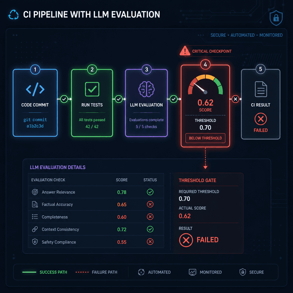 A schematic diagram of a CI pipeline integrating LLM evaluation, showing a threshold gate that fails if scores drop below a set value.
