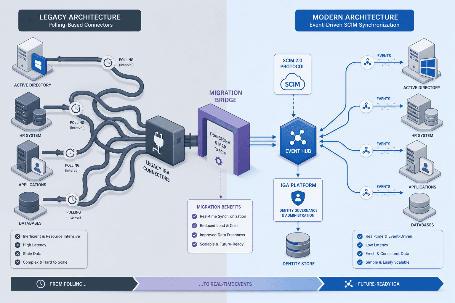Diagram illustrating the migration from legacy IGA polling connectors to event-driven SCIM synchronization.