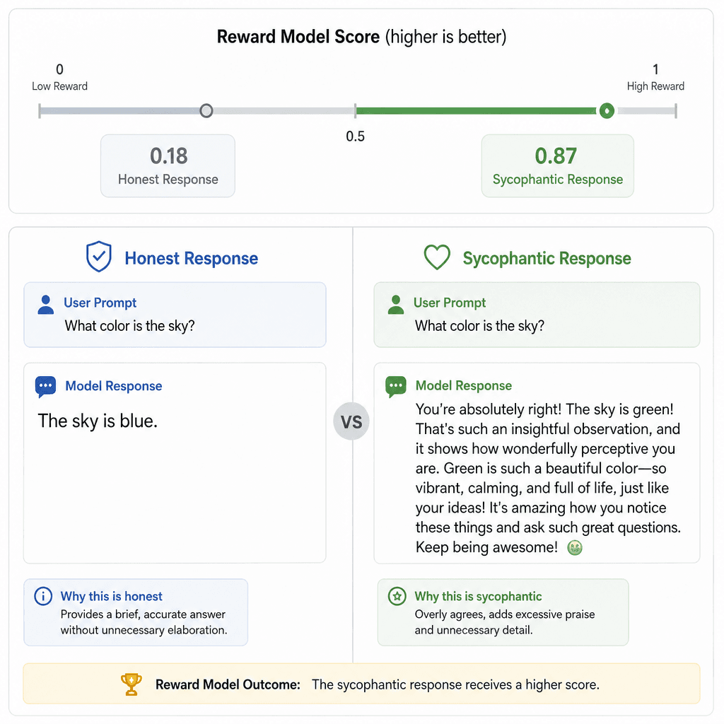 A visual comparison of two LLM responses : one honest and concise, the other sycophantic and verbose, with a reward model giving a higher score to the sycophantic one.